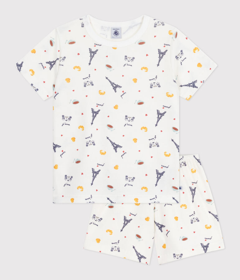Pyjama short enfant en coton imprim&eacute; Paris blanc/multicouleur
