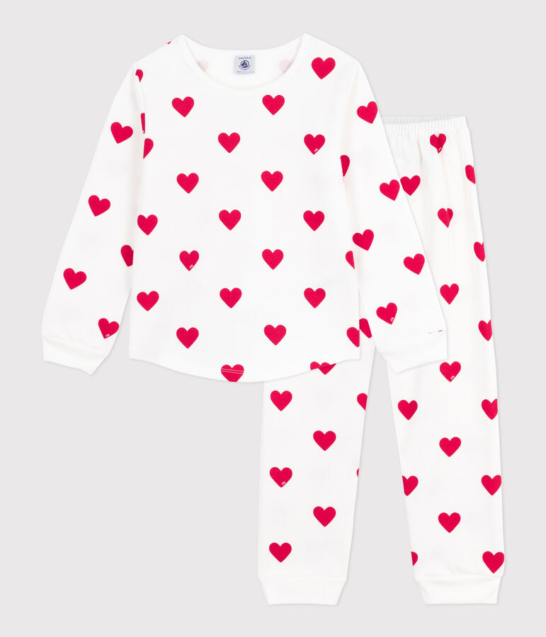 Pyjama enfant en molleton imprim&eacute; c&oelig;urs blanc/rouge
