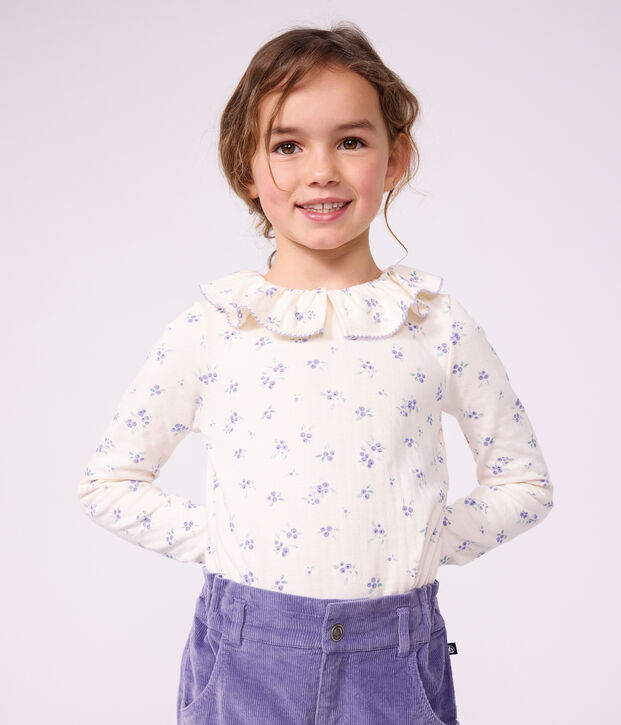 Tee-shirt &agrave; col enfant manches longues &agrave; fleurs &eacute;cru/multicouleur