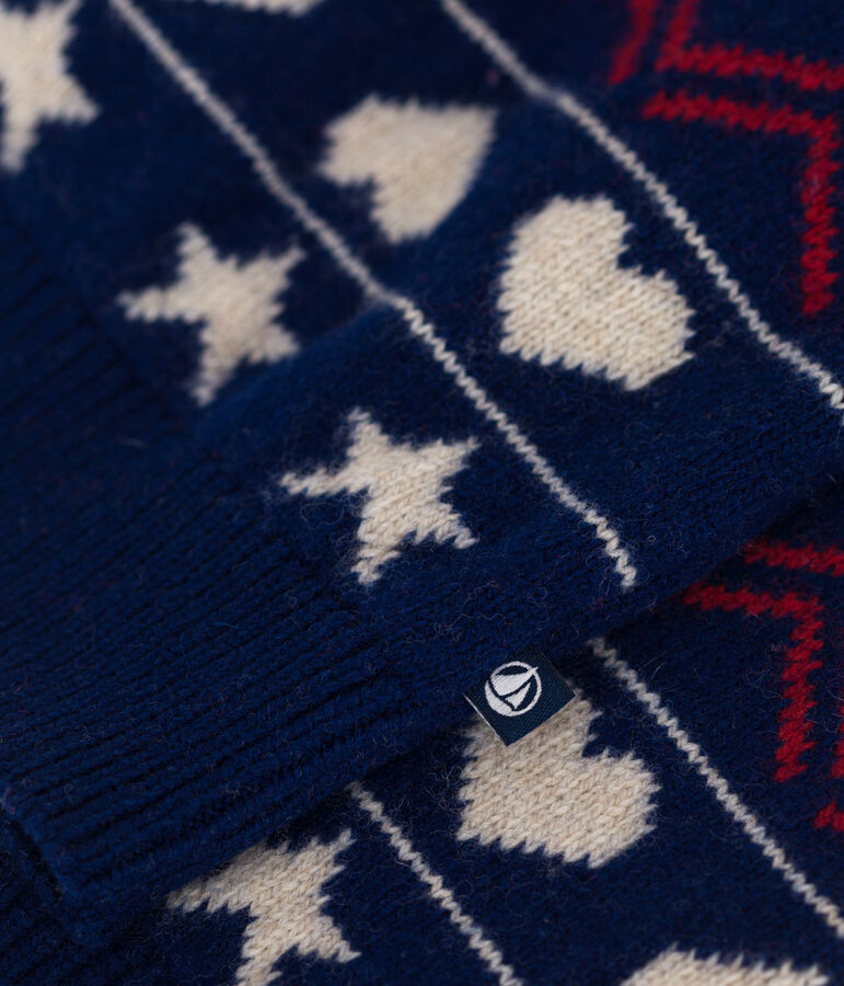 Cardigan jacquard laine et coton enfant gar&ccedil;on bleu MEDIEVAL/blanc MULTICO