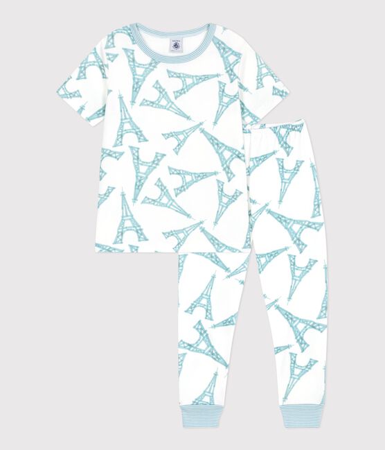 Pyjama enfant en coton manches courtes jambes longues Tour Eiffel blanc MARSHMALLOW/blanc MULTICO