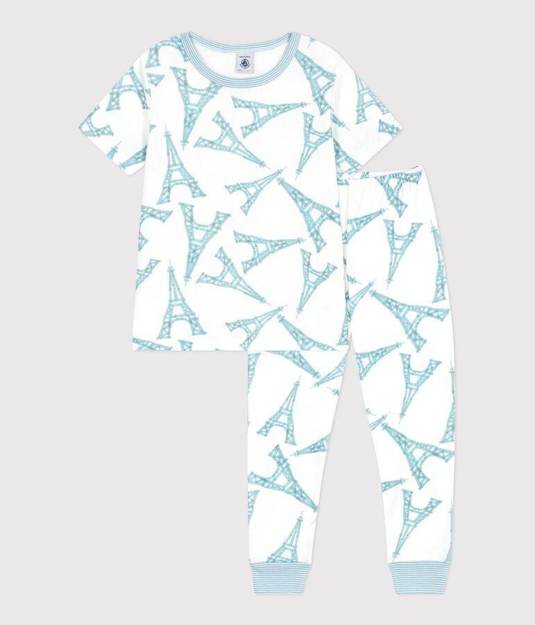 Pyjama enfant en coton manches courtes jambes longues Tour Eiffel blanc MARSHMALLOW/blanc MULTICO