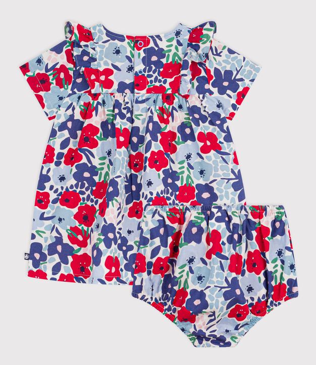Robe b&eacute;b&eacute; en coton manches courtes et son bloomer imprim&eacute;s fleurs blanc/multicouleur