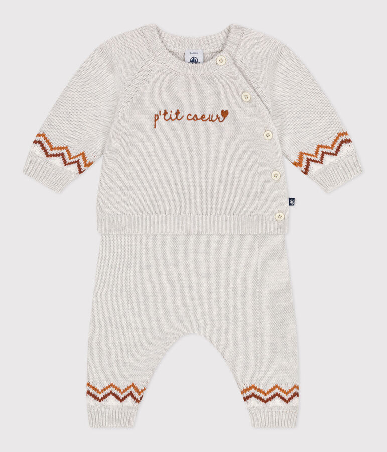 Ensemble 2 pi&egrave;ces b&eacute;b&eacute; en tricot, imprim&eacute; P'tit C&oelig;ur beige/multicouleur