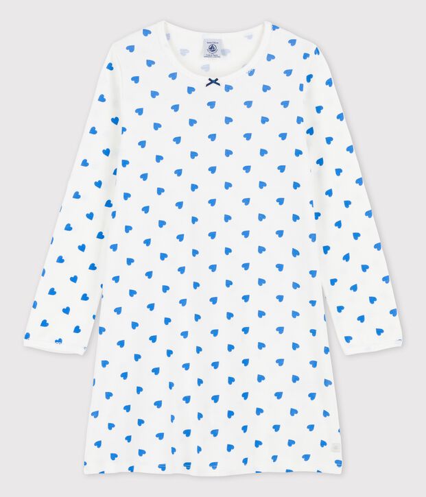 Chemise de nuit manches longues c&oelig;urs bleus petite fille en coton blanc/bleu