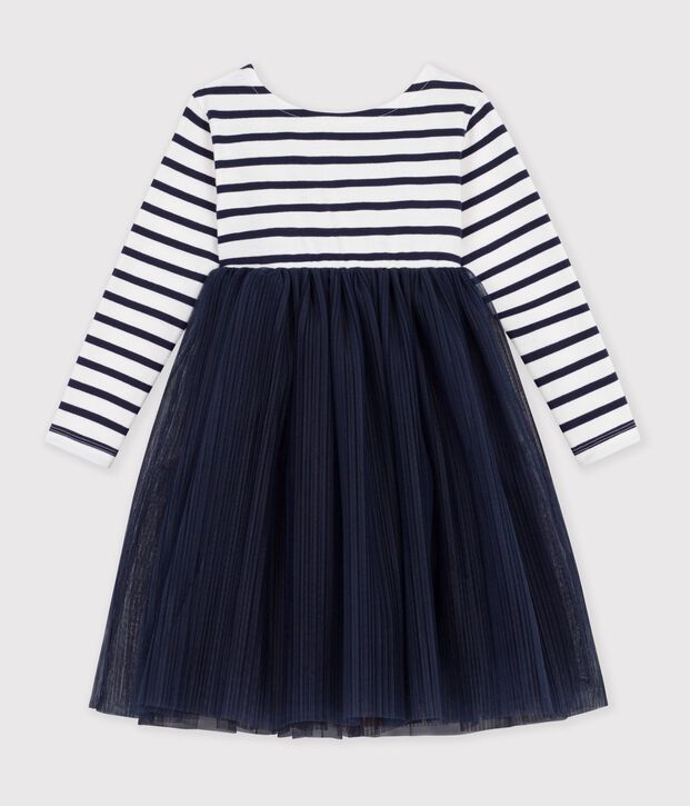 Robe enfant en coton et tulle manches longues &agrave; rayures blanc/bleu