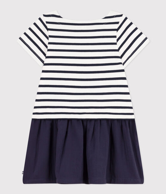 Robe manches courtes jersey épais et gaze de coton enfant fille blanc MARSHMALLOW/bleu SMOKING
