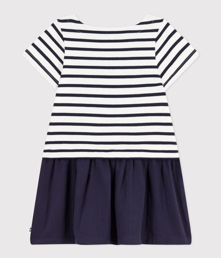 Robe manches courtes jersey &eacute;pais et gaze de coton enfant fille blanc MARSHMALLOW/bleu SMOKING