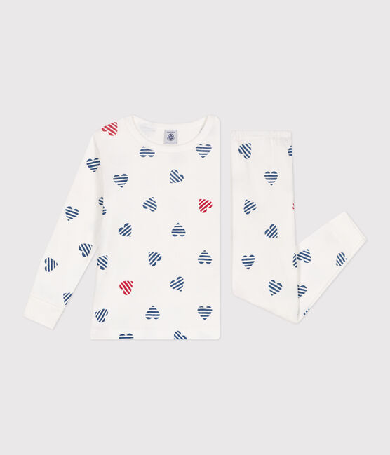 Pyjama enfant en coton manches longues imprimé cœurs blanc MARSHMALLOW/blanc MULTICO