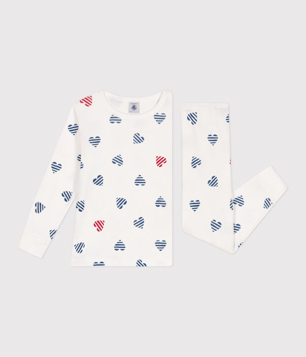 Pyjama enfant en coton manches longues imprim&eacute; c&oelig;urs blanc/multicouleur