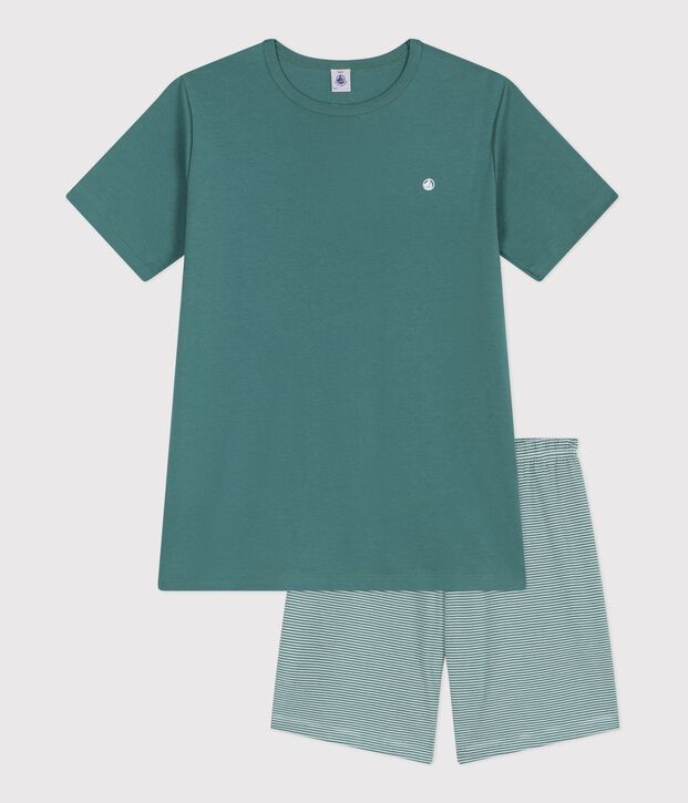 Pyjama short enfant en coton &agrave; rayures vert/blanc