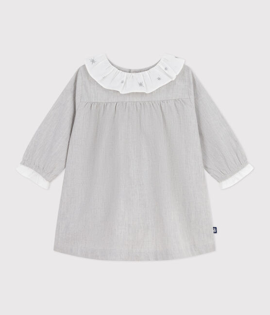 Robe bébé en flanelle manches longues unie à col gris FUMEE CHINE