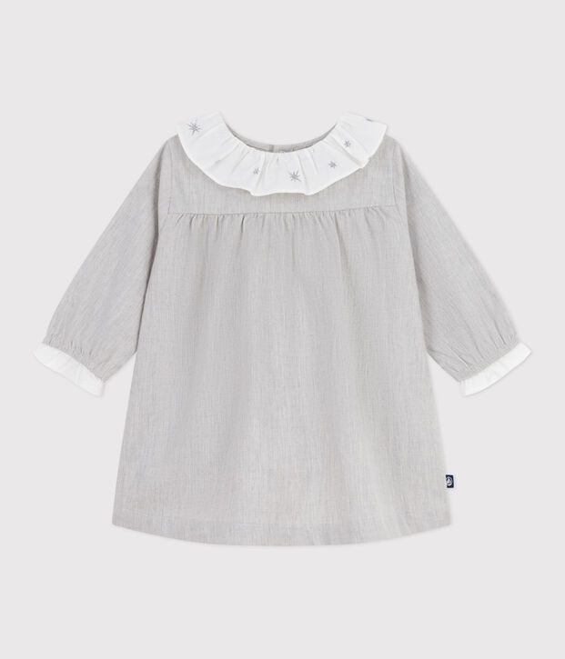 Robe b&eacute;b&eacute; en flanelle manches longues unie &agrave; col gris