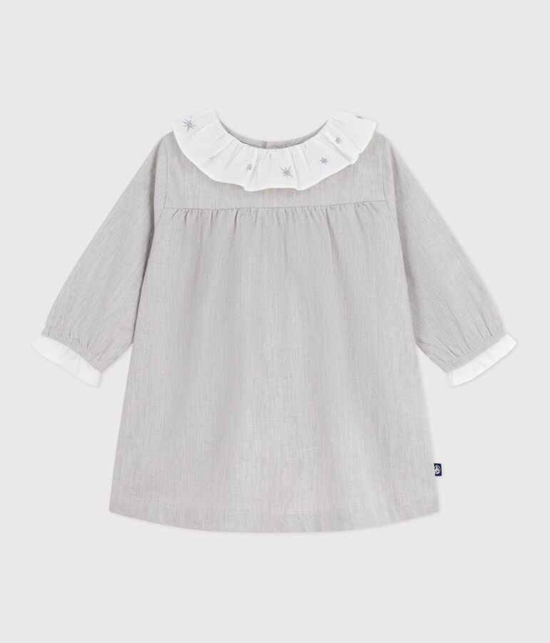 Robe b&eacute;b&eacute; en flanelle manches longues unie &agrave; col gris FUMEE CHINE