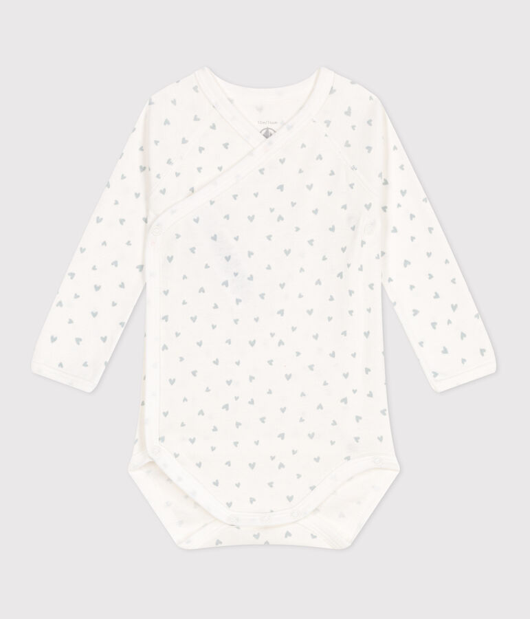 Body crois&eacute;s manches longues en coton b&eacute;b&eacute; bleu MARSHMALLOW/blanc GOMME