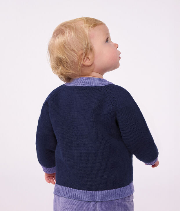 Cardigan b&eacute;b&eacute; en tricot laine et coton et motifs jacquards c&oelig;urs bleu/multicouleur