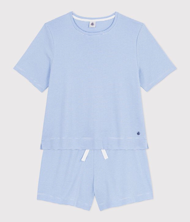 Pyjama short femme en coton &agrave; rayures bleu/blanc