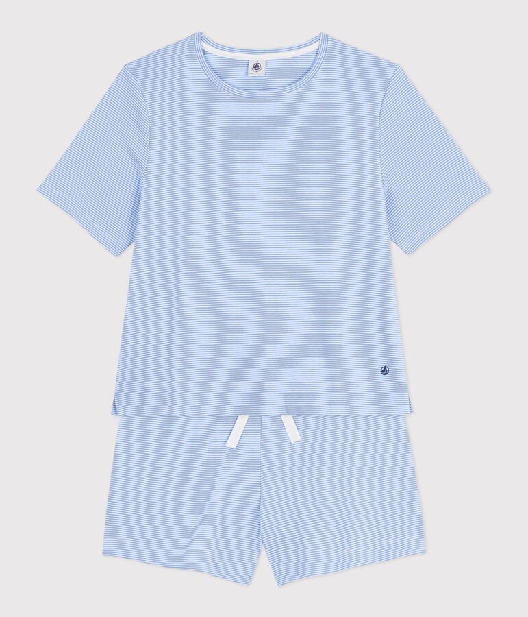 Pyjama short femme en coton &agrave; rayures bleu/blanc