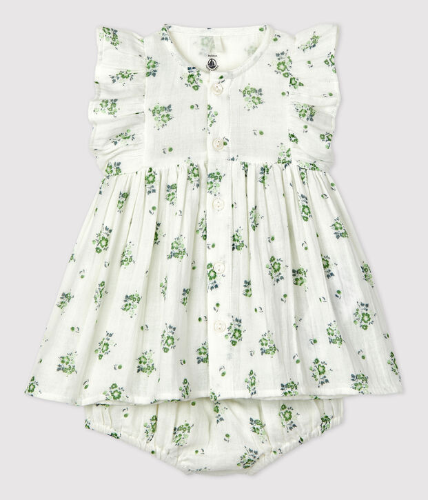 Robe avec bloomer imprim&eacute; fleuri en gaze de coton bio b&eacute;b&eacute; blanc/multicouleur