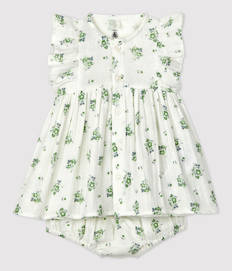 Robe avec bloomer imprim&eacute; fleuri en gaze de coton bio b&eacute;b&eacute; blanc MARSHMALLOW/blanc MULTICO