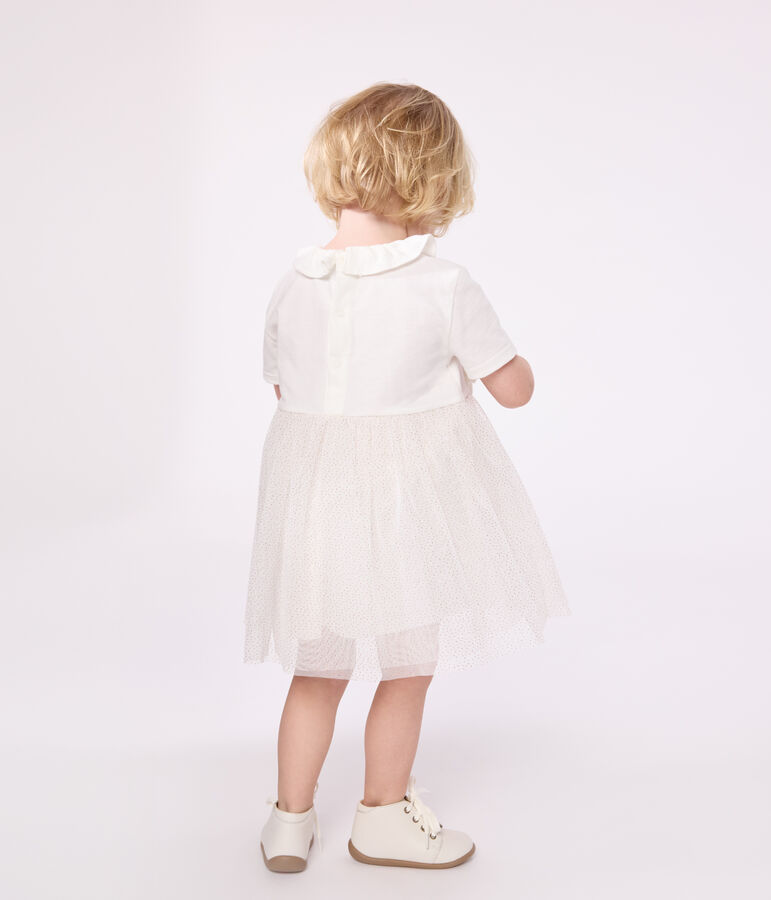 Robe b&eacute;b&eacute; en coton et tulle manches courtes et colerette blanc MARSHMALLOW/rose COPPER