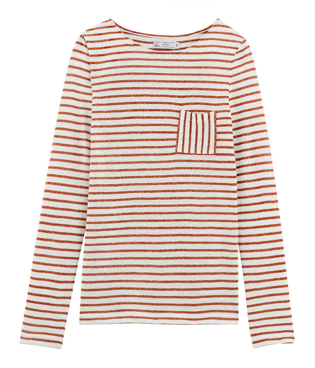 Tee-shirt manches longues femme en lin blanc/rose