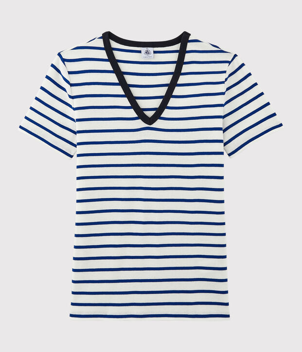 T-shirt col V iconique en coton Femme blanc/bleu