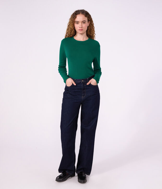 Tee-shirt femme finitions point cocotte en coton manches longues vert fonc&eacute;