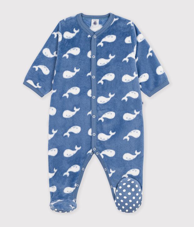 Surpyjama b&eacute;b&eacute; en polaire imprim&eacute; baleine bleu/blanc