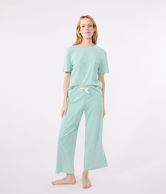 Pyjama femme en coton jambes larges à rayures vert ALOEVERA/blanc MARSHMALLOW