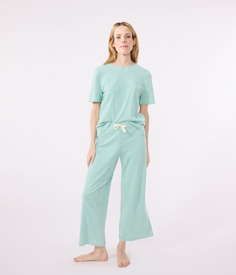 Pyjama femme en coton jambes larges &agrave; rayures vert ALOEVERA/blanc MARSHMALLOW