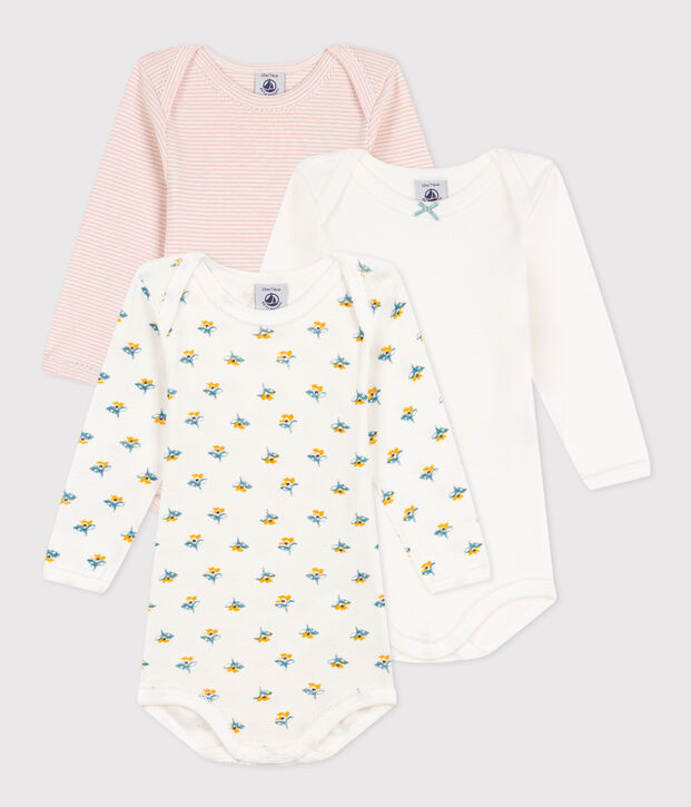 Lot de 3 bodies manches longues fleurs b&eacute;b&eacute; en coton multicouleur