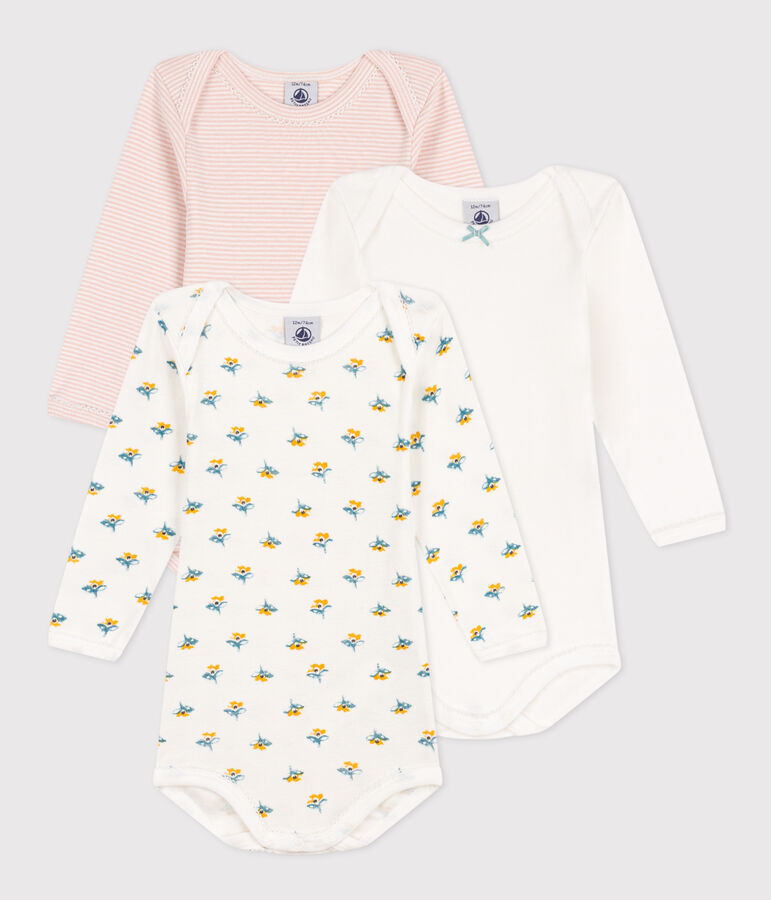 Lot de 3 bodies manches longues fleurs b&eacute;b&eacute; en coton multicouleur