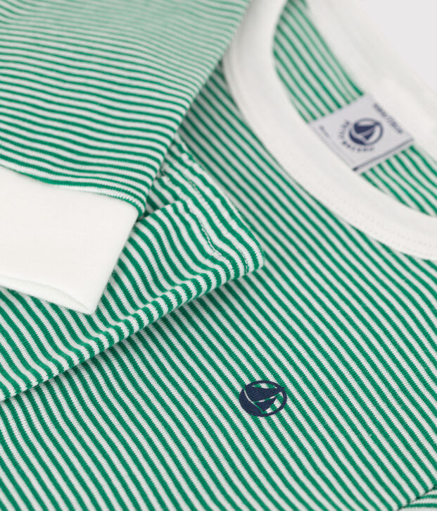 Pyjama tr&egrave;s ajust&eacute; enfant en coton &agrave; rayures vert/blanc