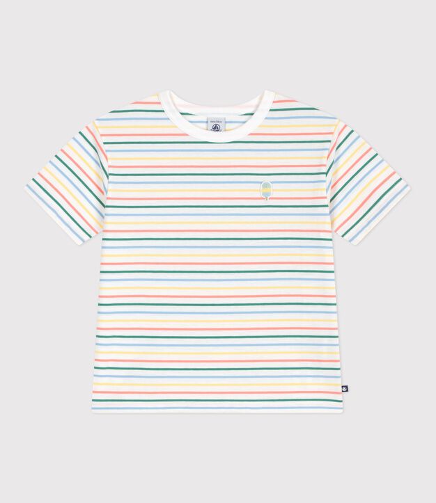 Tee-shirt enfant manches courtes en coton &agrave; rayures blanc/multicouleur