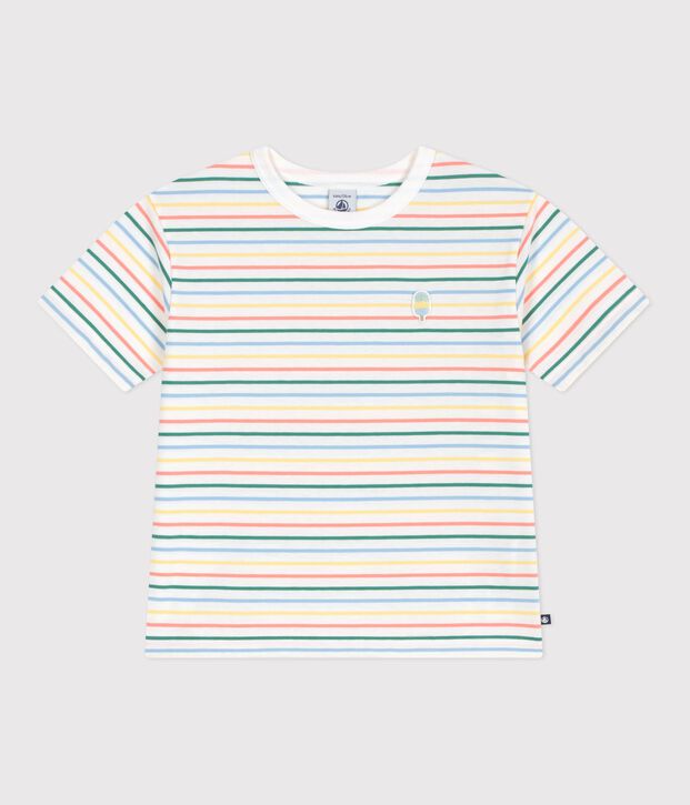 Tee-shirt enfant manches courtes en coton &agrave; rayures blanc/multicouleur