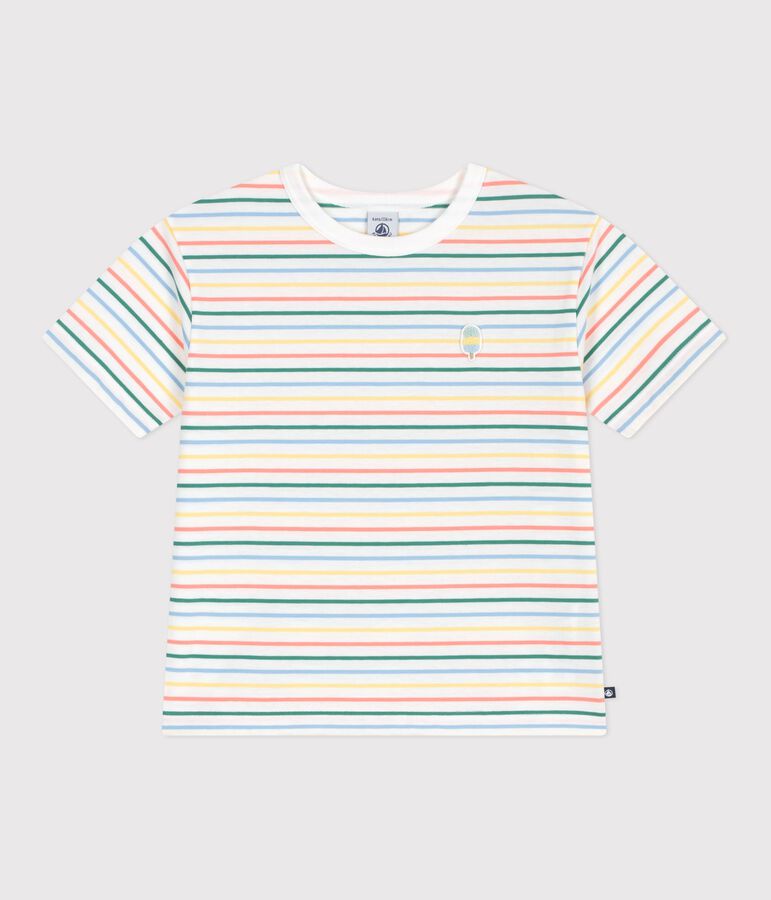 Tee-shirt enfant manches courtes en coton &agrave; rayures blanc/multicouleur