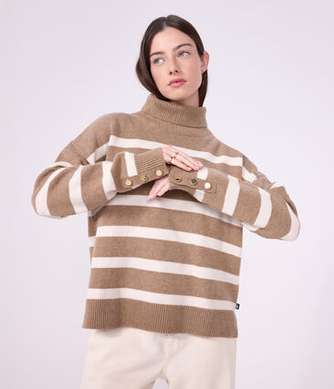 Pull à col roulé femme en laine et coton à rayures