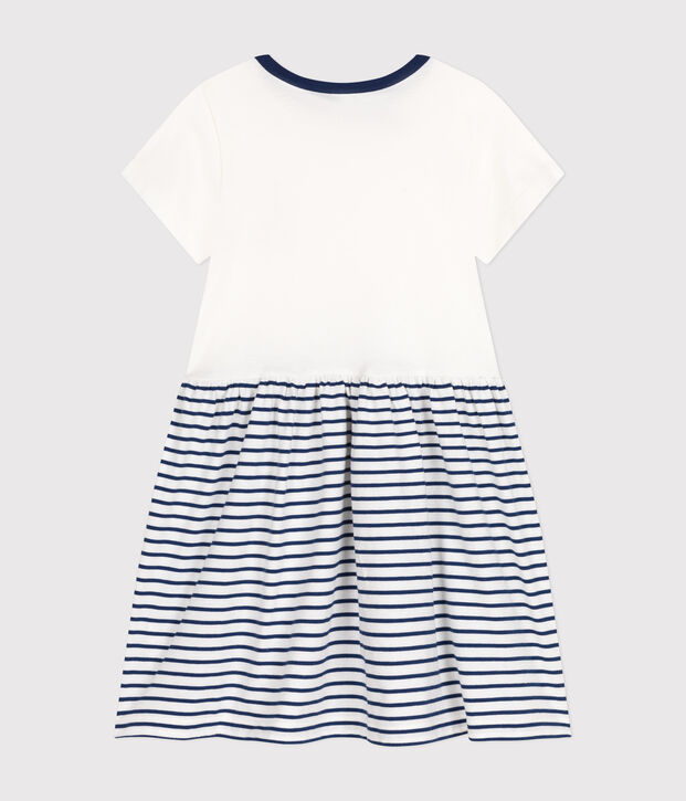 Robe manches courtes en coton enfant fille blanc/bleu