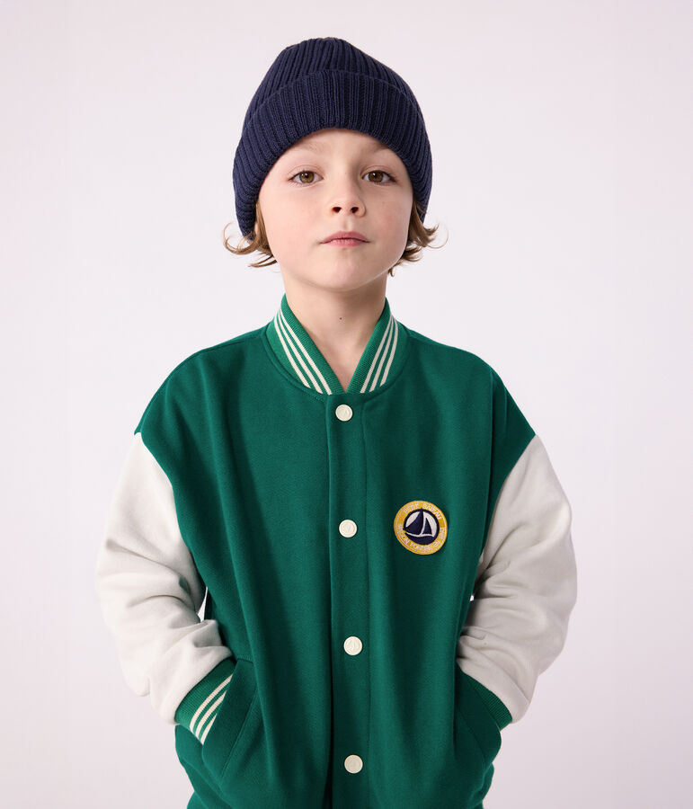 Veste teddy enfant en coton uni vert EVERGREEN/ MILK