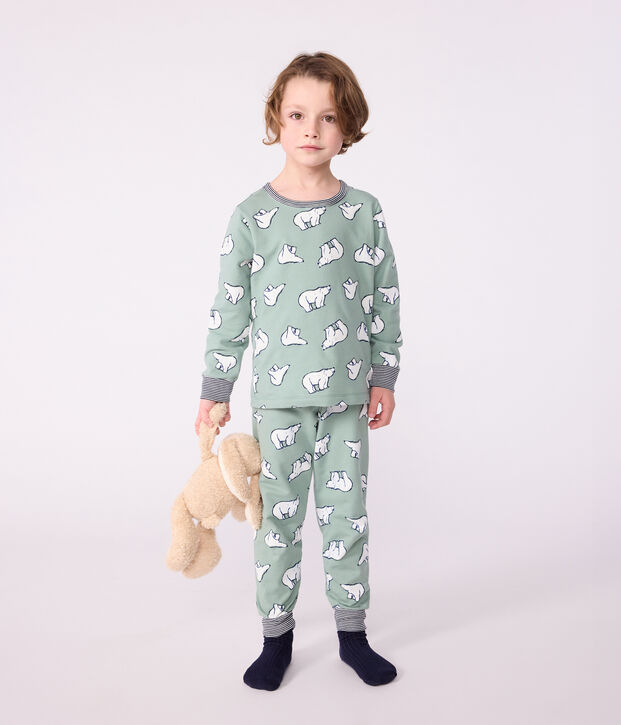 Pyjama enfant en molleton imprim&eacute; ours vert/multicouleur