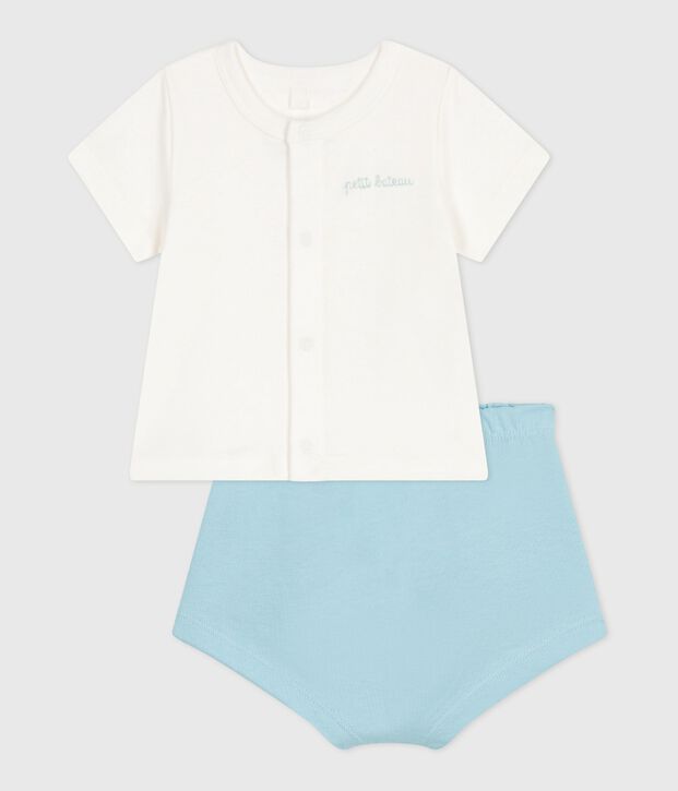 Ensemble naissance deux pi&egrave;ces en coton avec bas uni bleu/bleu