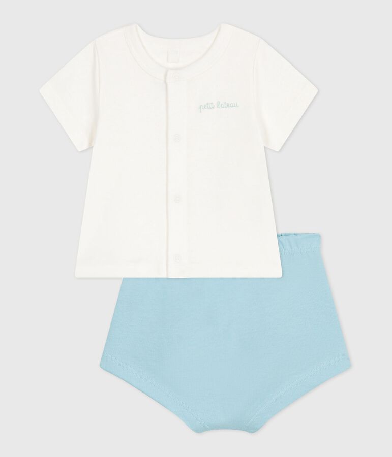 Ensemble naissance deux pi&egrave;ces en coton avec bas uni bleu MARSHMALLOW/ AQUATIC