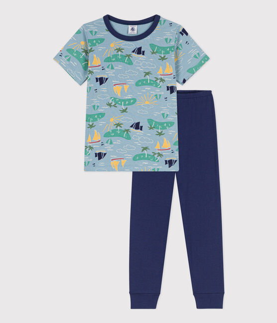 Pyjama manches courtes explorateur en coton petit garçon bleu CHALOUPE/blanc MULTICO