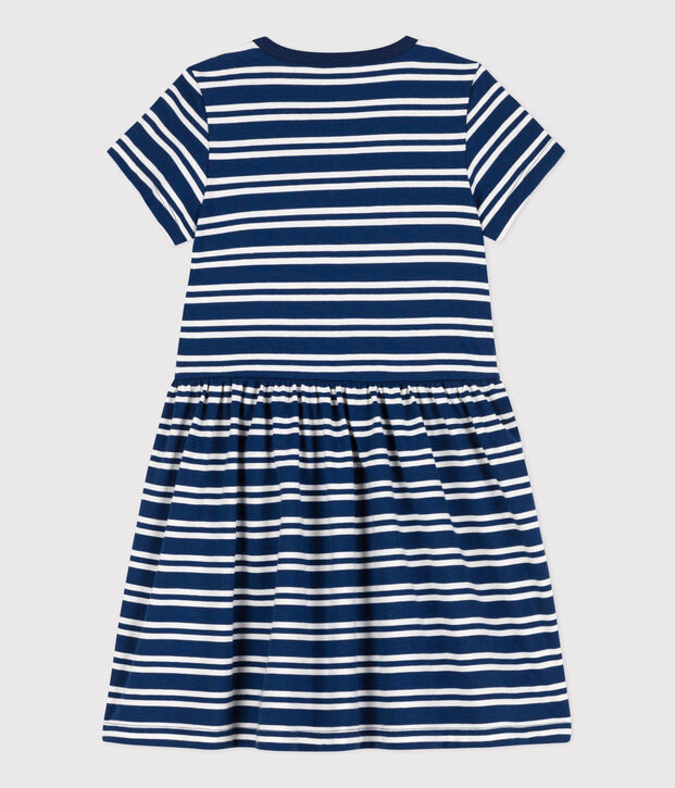Robe ray&eacute;e manches courtes en coton enfant fille bleu/blanc