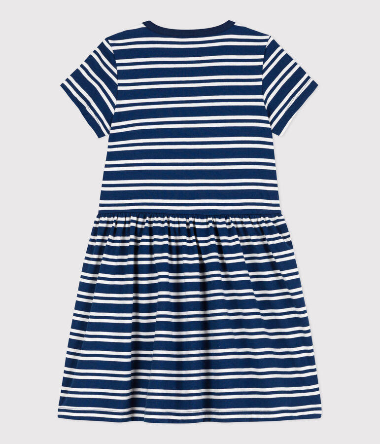 Robe ray&eacute;e manches courtes en coton enfant fille bleu MEDIEVAL/blanc MARSHMALLOW