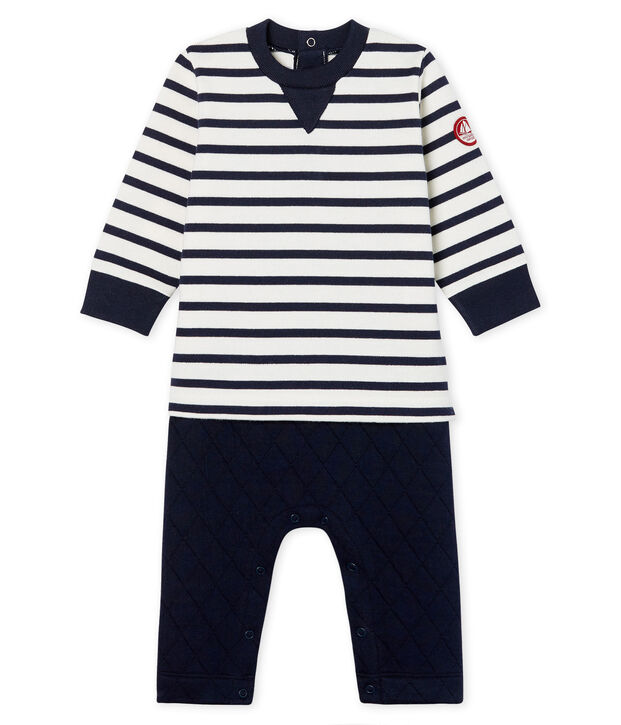 Combinaison longue b&eacute;b&eacute; gar&ccedil;on faux deux-pi&egrave;ces blanc/bleu