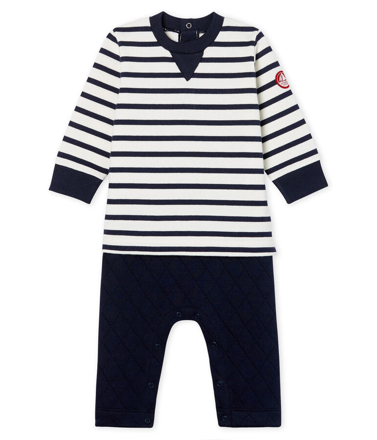 Combinaison longue b&eacute;b&eacute; gar&ccedil;on faux deux-pi&egrave;ces blanc MARSHMALLOW/bleu SMOKING