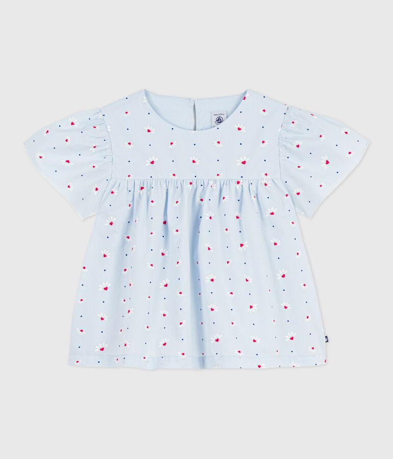 Blouse enfant en popeline de coton manches courtes imprim&eacute;e bleu FRAICHEUR/blanc MULTICO