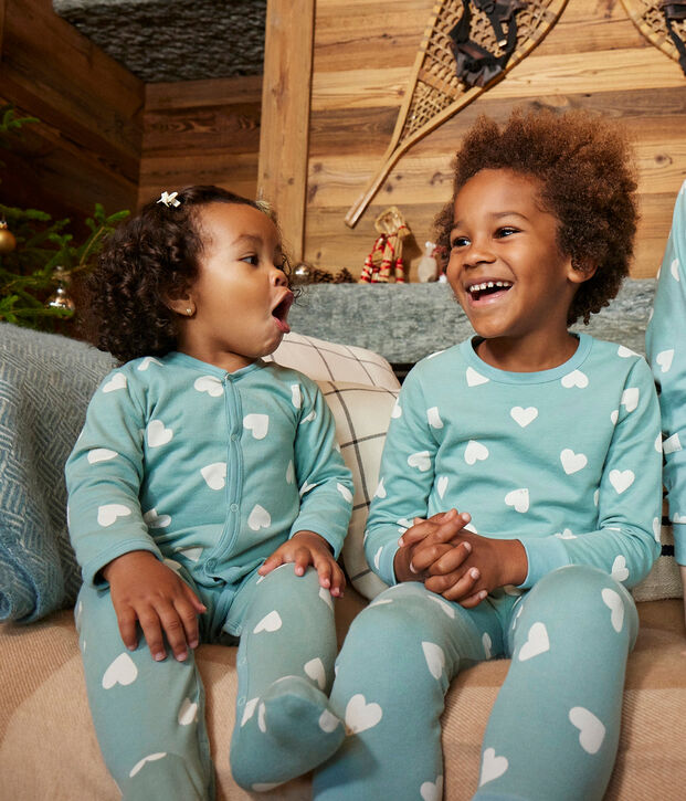 Pyjama b&eacute;b&eacute; coeurs en molleton vert/&eacute;cru